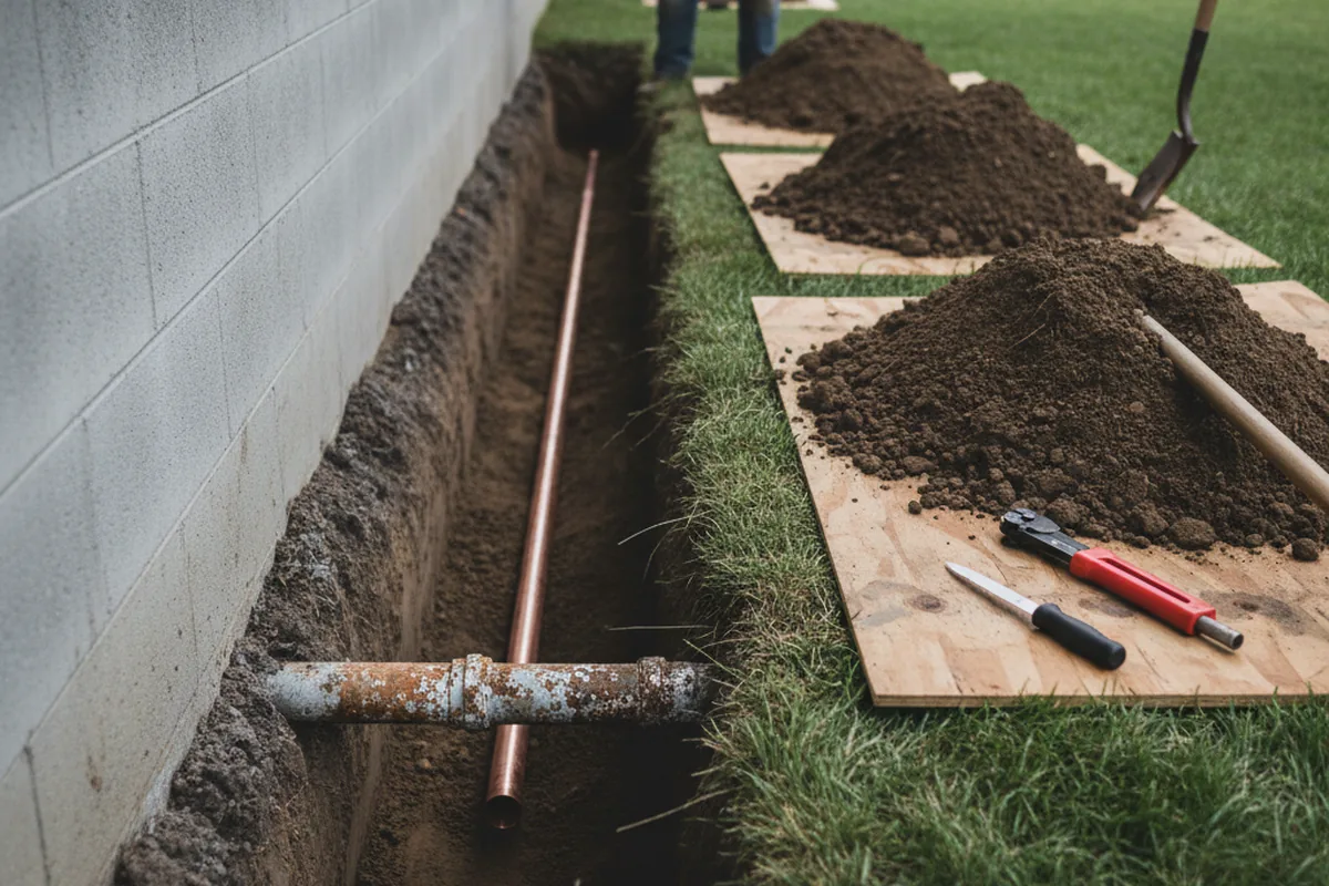 Excavated water line trench during Water Softener Installation in Oakdale